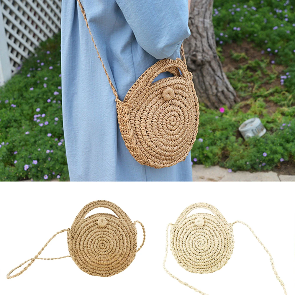 Женская пляжная соломенная сумка в стиле ретро, плетеная круглая сумка из ротанга, сумка через плечо