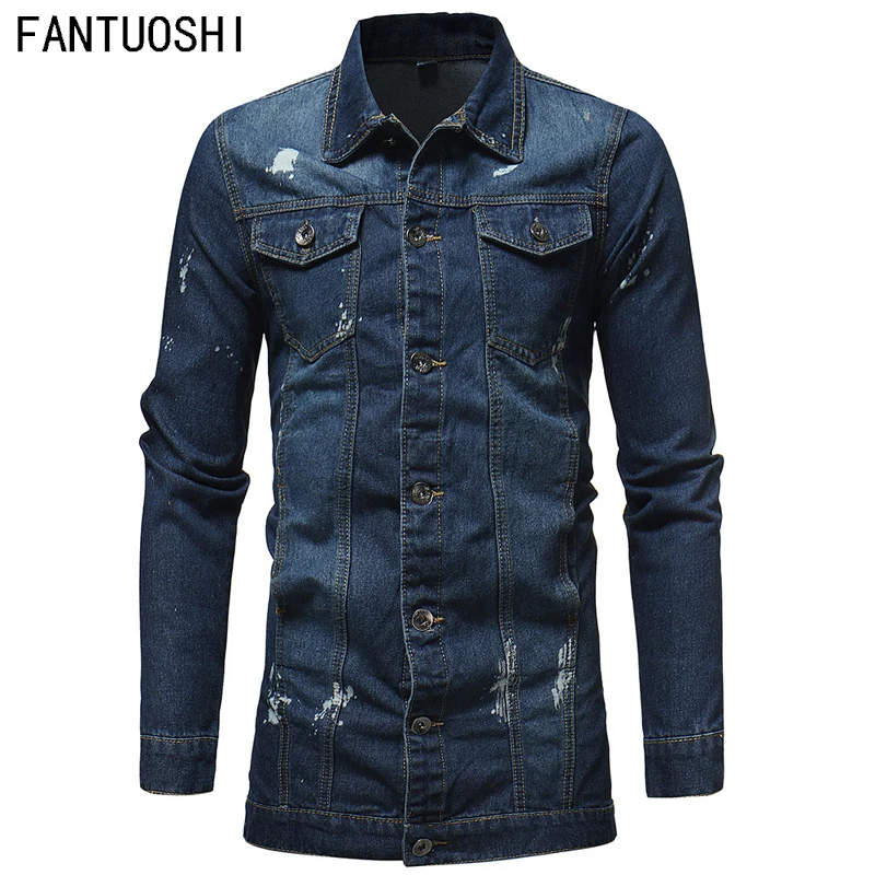 2018 New Autumn Winter denim jacket Medium and long section men fashion Slim Casual streetwear jeans jacket cotton men coat bule