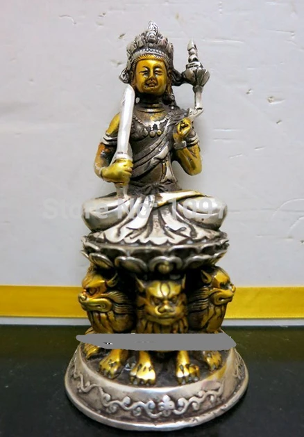 

002372 Tibetan bronze MANJUSHRI ride on lion buddha statue