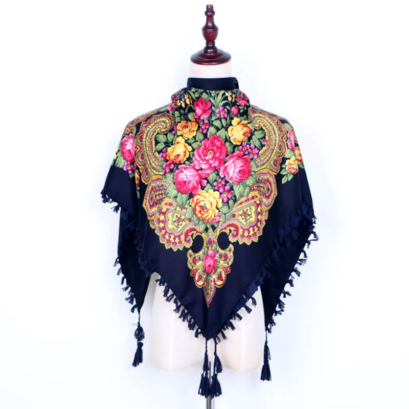 

[FAITHINK] New Women Fashion Russian Floral Wrap Scarf Printed Adult Gift Stole Cape Poncho Winter Summer Foulard HeadBand