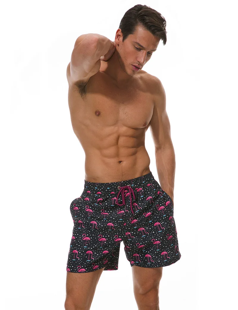 Трендовые мужские пляжные шорты с принтом фламинго, шорты для отдыха, мужские купальный костюм Sunga, мужские спортивные шорты