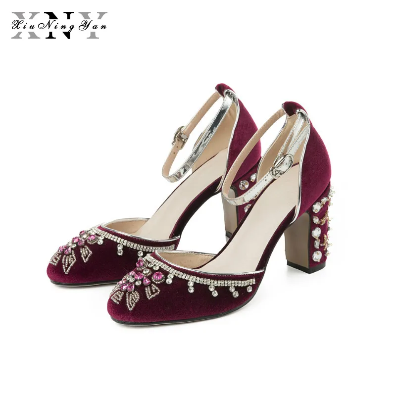 

New Women's Pumps 9cm Woman Party Shoes Wedding Square Heel Sexy Real Leather Pearl Crystal Spring Summer Shoes Big Size 33-43