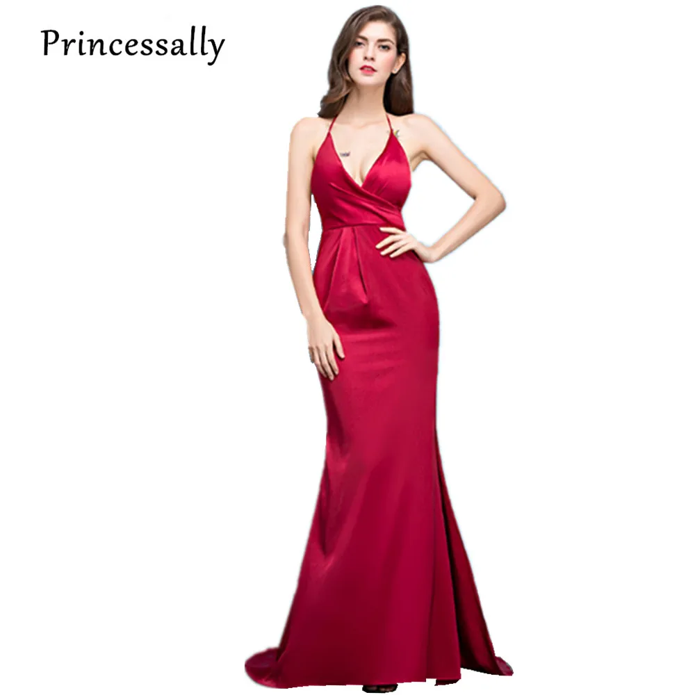 

Sexy Satin Evening Dress Backless Spaghtti Strap High Slit Floor Length with Train Deep V neck Prom Party Formal Occasion Dress