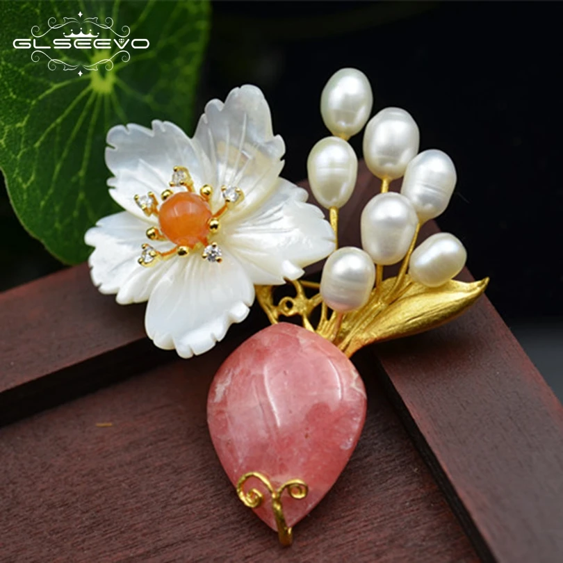 

GLSEEVO Natural Fresh Water Pearl Rhodochrosite Brooch Pin Shell Flower Brooches For Women Dual Use Luxury Fine Jewellery GO0130