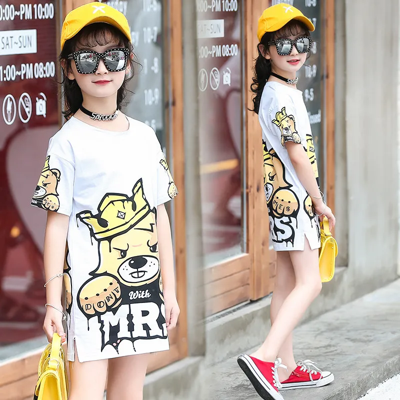 Длинная стильная детская футболка для девочек, футболки с мультипликационным принтом медведя, футболка большого размера для девочек 13, 12, 10, 8, 6, 4 лет, летняя футболка