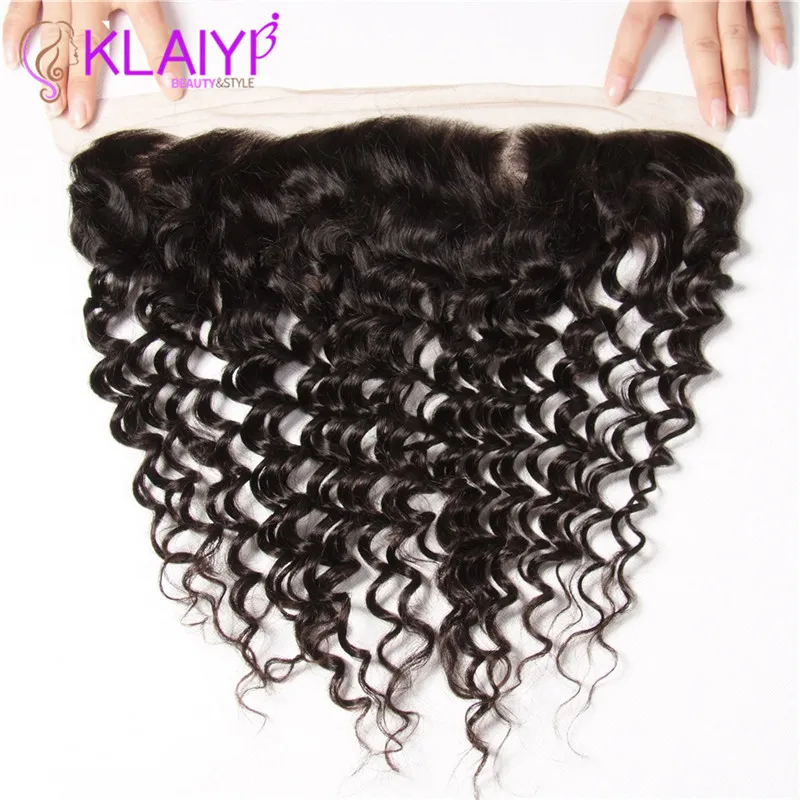 Klaiyi 13X4 Ear To Ear Lace Frontal Closure Without Bleached Knots Brazilian Deep Wave Frontal Remy Human Hair Lace Frontal