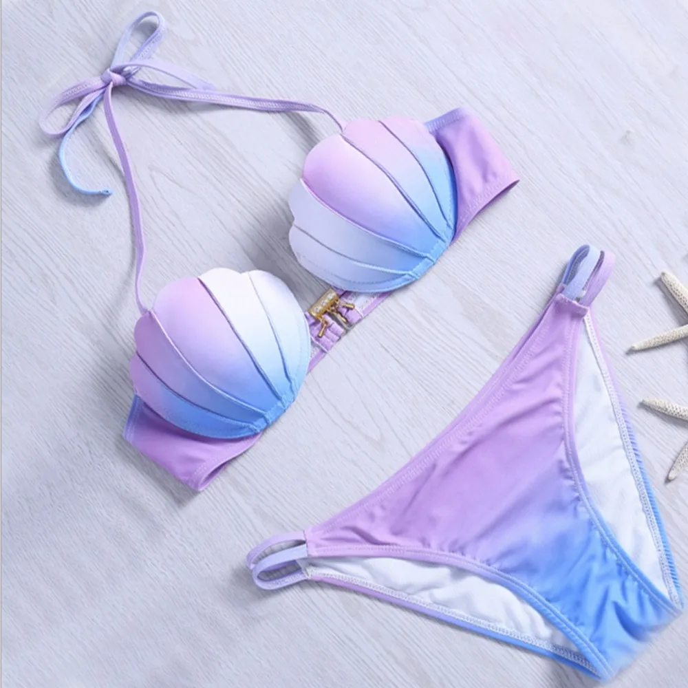 Mermaid Shell Bra Push Up Two-Piece Suit Swimwear Gradient Color Beachwear Sexy Bikinis Set Swimsuit Biquini Maillot De Bain