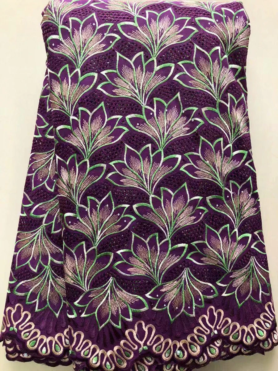

Nigerian High Quality Purple Cotton 2018 Swiss Voile African Lace Fabrics Fashion design cotton lace fabric With Stones