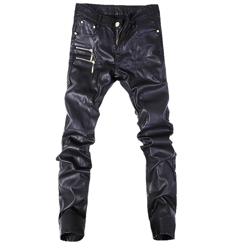 

Top quality men skinny leather pants motorcycle men jeans pants black color size 28-38