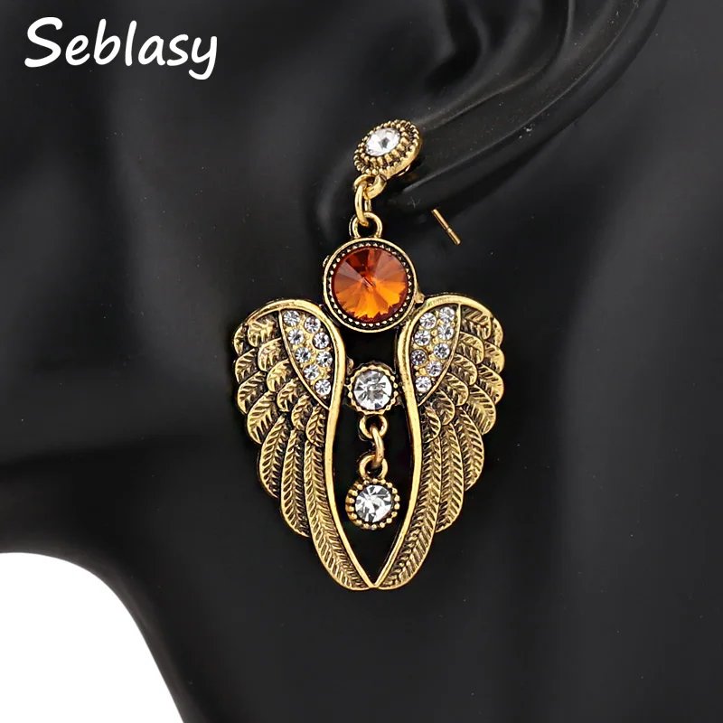 Seblasy Vintage Punk Tribal Jewelry Gold Color Big Statement Crystal Geometric Patterns Angel Wings Drop Earrings for Women