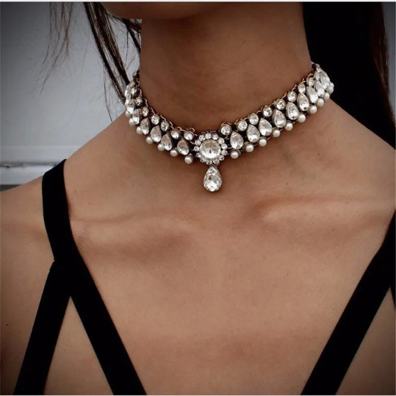 

Ahmed Fashion Shiny Crystal Pearl Water Drop Pendant Choker Necklace for Women New Sexy Collar Statement Necklace Jewelry