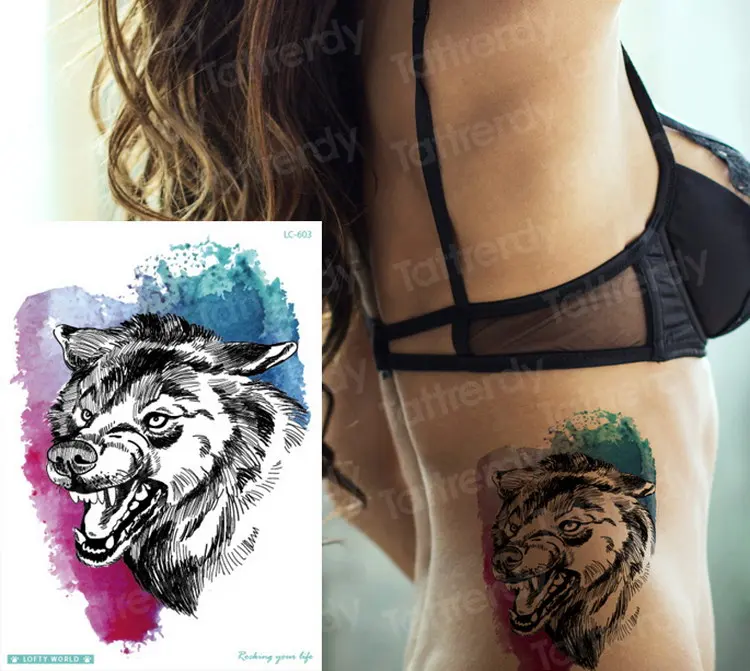 Сексуальные татуировки для женщин тату наклейка, водонепроницаемое большая черная временная татуировка с изображением волка дизайн животных боди-арт наклейки переводятся с помощью воды