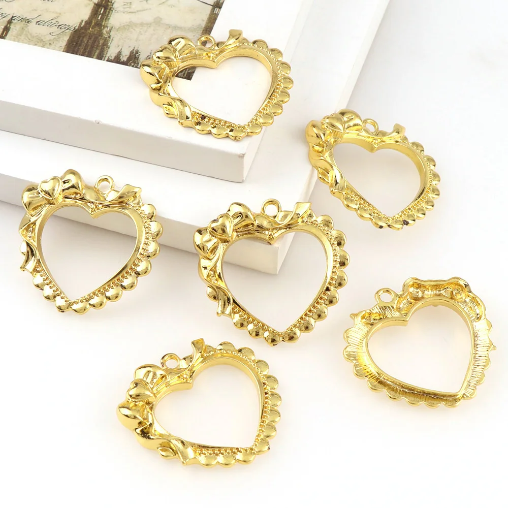 Metal Jewelry Setting Heart Shape 2pc Gold Color Charm Hollow Gold