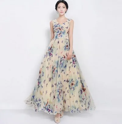 

Free Shipping High Quality Hot Sale Bohemian Spring Summer New Arrival Flower Printed V Collar Sleeveless Long Chiffon Dress