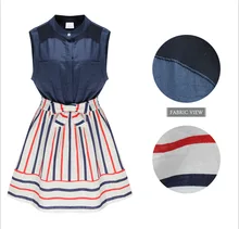 Womens Summer Style Fashion Stand Collar Stripes Spell Color Slim Sleeveless Dress Plus Size PA3251