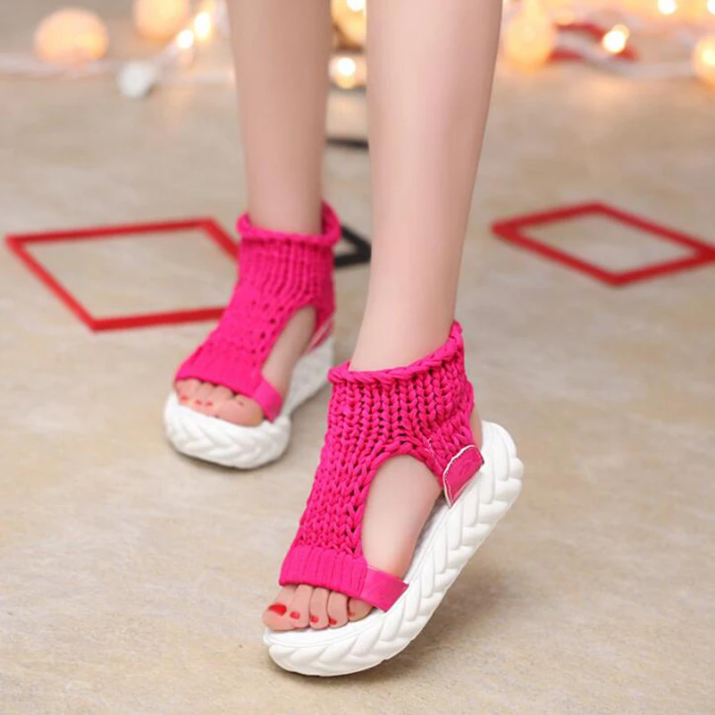 Comfortable Casual Wool Women Summer Sandals Knit Platform Shoes Candy Color Wedges Sandalias For Women High Heel Summer Shoes