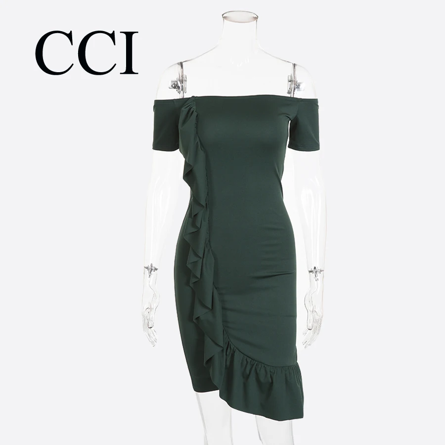 ТПП Off Shoulder Ruffle летнее платье Для женщин Сексуальная спинки Slash шеи Bodycon зеленый
