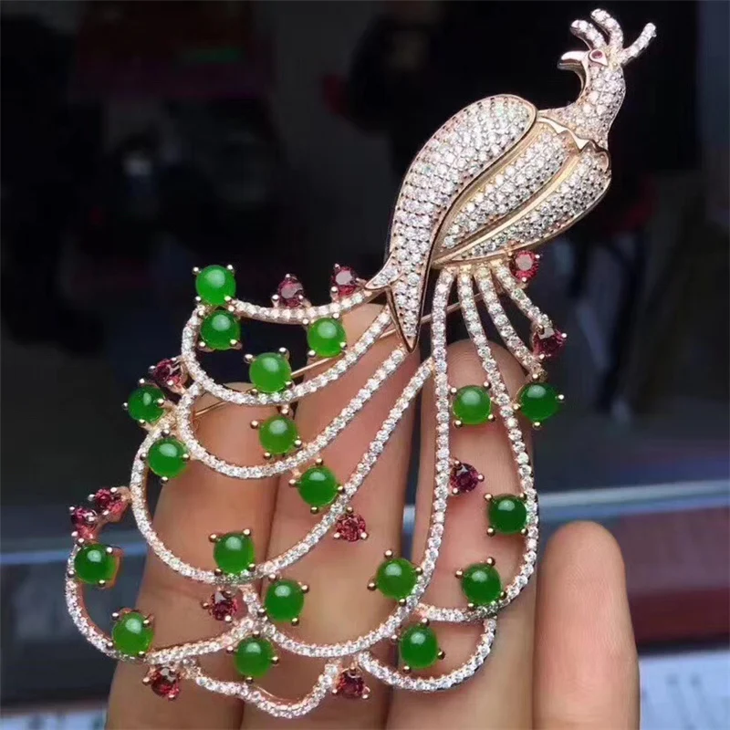 Натуральная яшма броши в виде феникса для Для женщин Обручение Юбилей подарки подлинных драгоценных камней fine Jewelry 925 пробы серебро#340