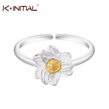 Kinitial  New 925 Sterling Silver Flowers Ring Fashion Golden Bud Flower Rings Jewelry Women Gift Finger Adjustable Rings