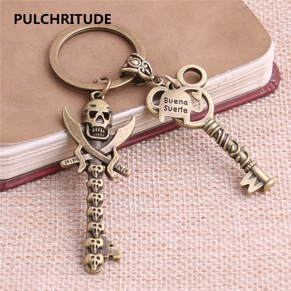 

PULCHRITUDE 2 pcs/lot Metal Antique Bronze Key Letter Charm Key Ring DIY Metal Skull Heart Key Pendant Jewelry Making C0238