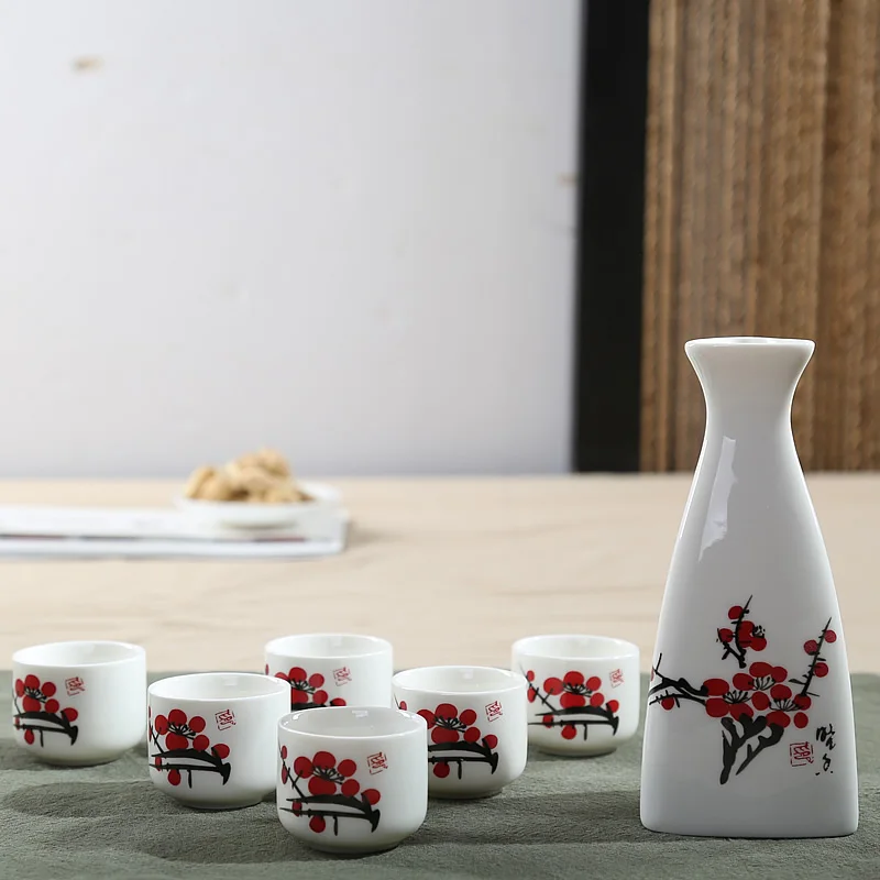 7Pcs Ceramics Japanese Sake Pot Cups Set Home Kitchen Flagon Liquor Cup Drinkware Spirits Hip Flasks Sake White Wine Pot Gifts