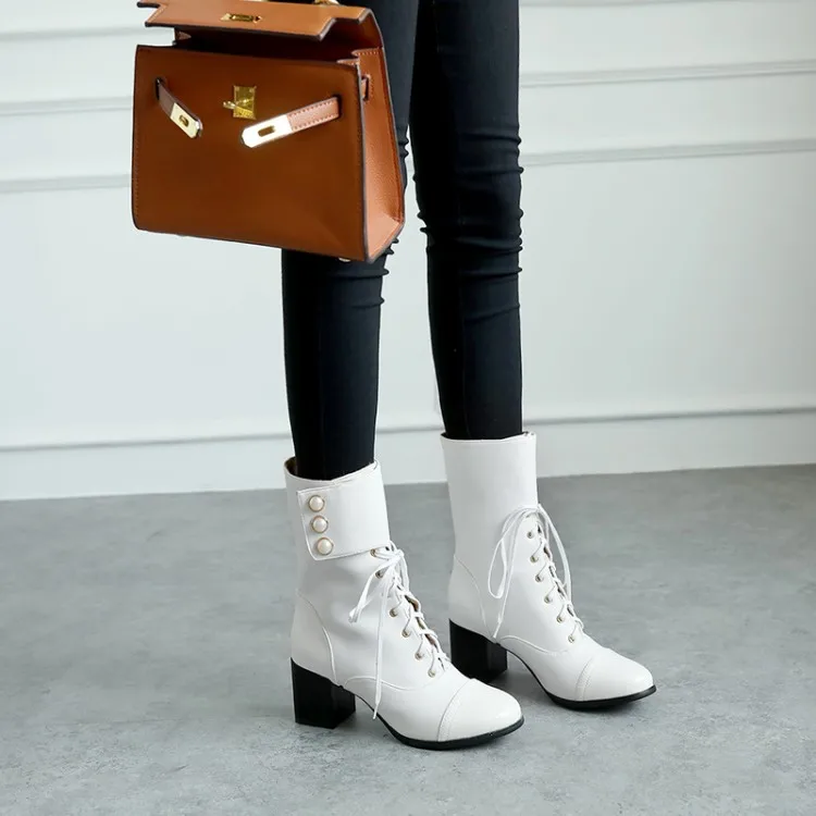 

Big Size 11 12 13 14 15 Ma'am Short boots Pure color Metal decoration Fashion boot barrel High heel boots