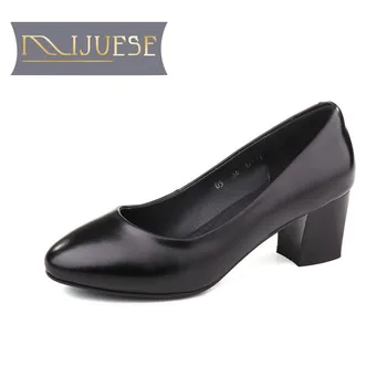 

MLJUESE 2018 new pumps Genuine leather slip on cow leather round toe autumn spring high heels size 34-43