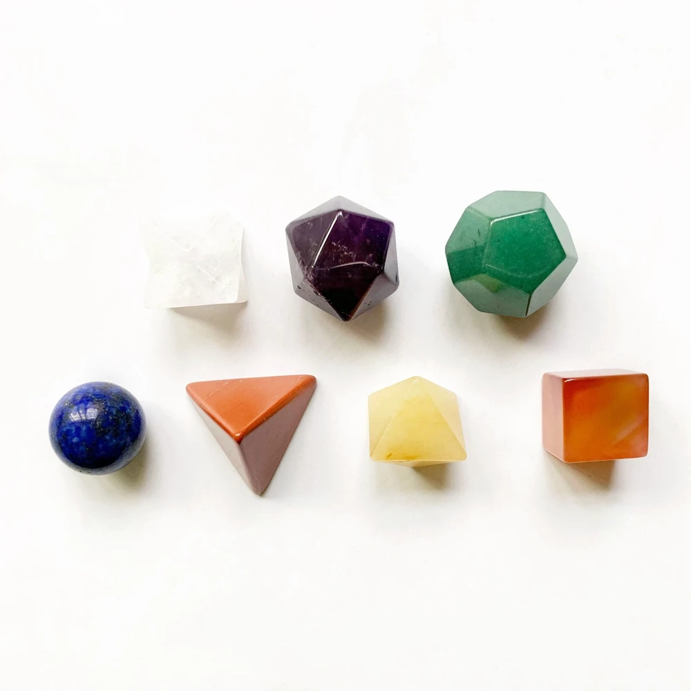 

Carved Chakra Stones Set 7 Platonic Solids Sacred Geometry Natural Crystals Reiki Healing Stones Handmade Home Decoration