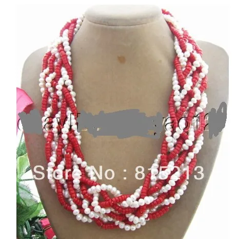 

FREE SHIPPING>>>@@ > N48 Beautiful! 8Strds White Pearl&Coral Necklace