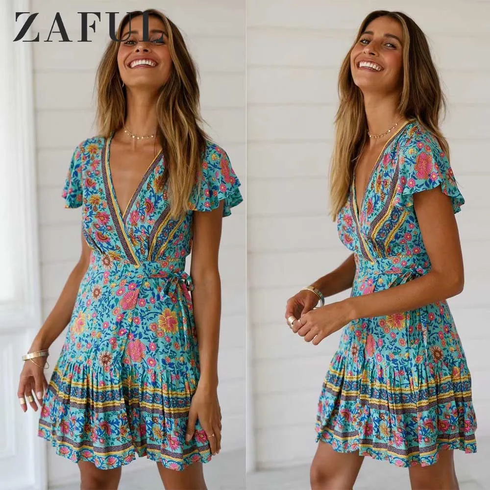 

ZAFUL Floral Print Summer Dress Casual V Neck Short Sleeve A-Line Dress Women Belted Pleated Ladies Dresses Bohomian Vestidos