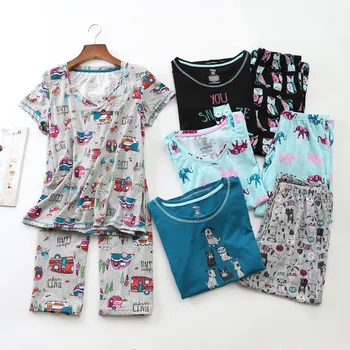 

Plus Size Knitted Cotton Lady Short-sleeved Pajamas for Women Round Neck Pyjamas Calf-Length Pants Pijama Mujer Sleepwear S-XXXL