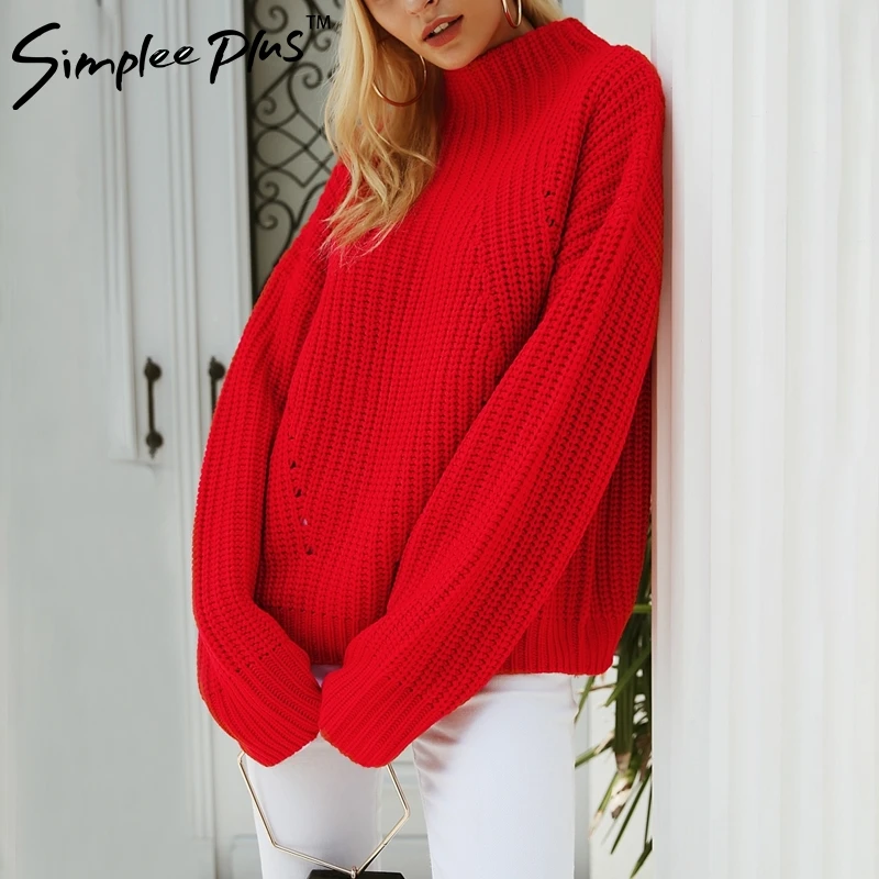 

Simplee Plus Short red knitted winter sweater female Casual warm loose pullover women Streetwear tricot pull femme jumper 2018