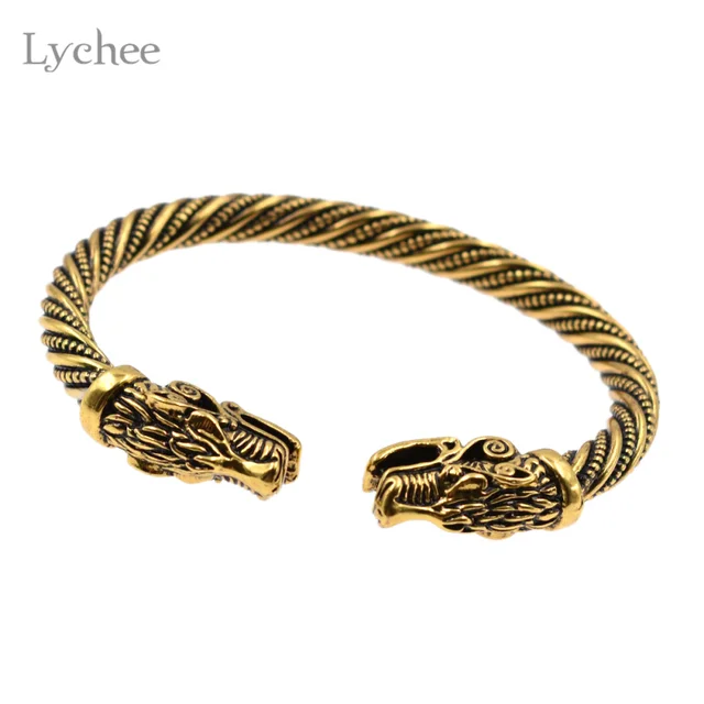 Lychee Vintage Viking Dragon Head Bracelet Antique Gold Color Open Lychee Vintage Viking Dragon Head Bracelet Antique Gold Color Open Bangle Wristband Jewelry For Men