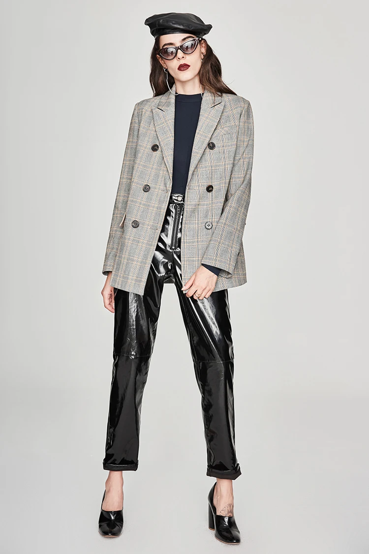 JAZZEVAR 2019 Новая Осенняя модная пиджак женский винтажная клетчатая двубортная куртка короткий костюм верхняя одежда высокого качества
