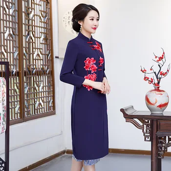 

New Arrival Autumn Winter Chinese Traditional Women 2 Pcs Qipao Wool Cheongsam Novelty Chinese Formal Dress Size M L XL XXL