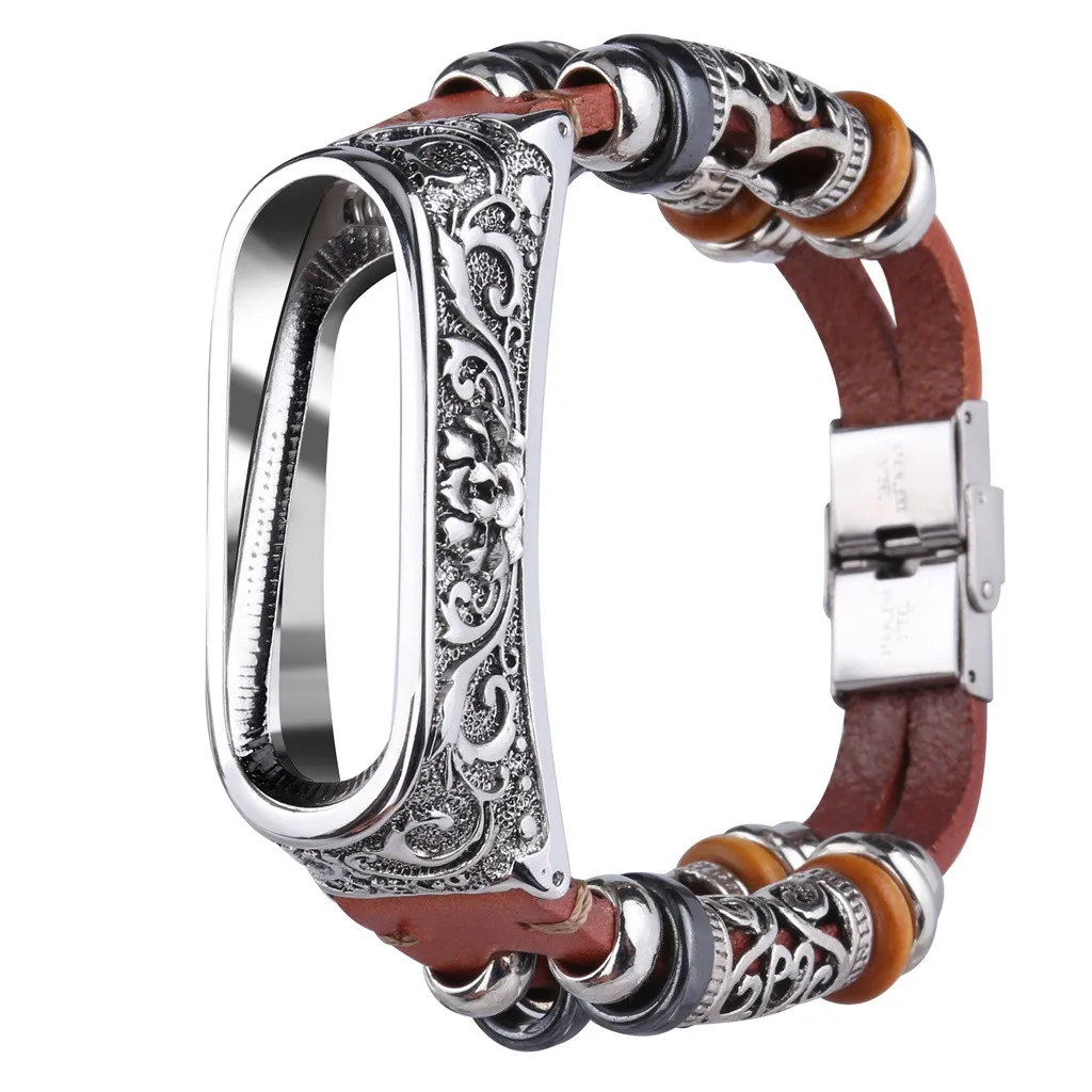 

Vintage Double Row Leather Smartwatch Wristband For Xiaomi Mi Band 4 Bracelet With Silver Metal Case Minority Style Strap 230mm