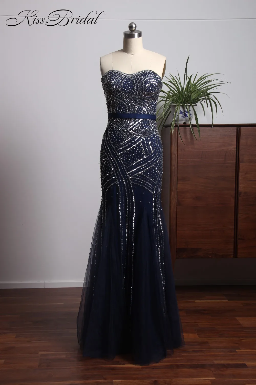 Stunning Beautiful Tulle Navy Blue Evening Dresses Long