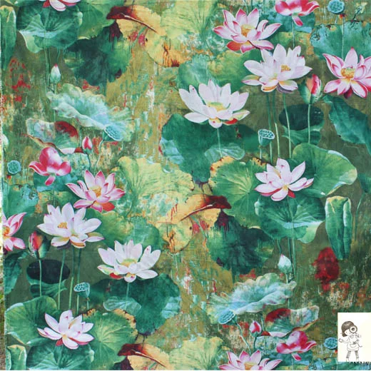 

50x140cm Oil Painting Style Japanese Lotus Soft Linen Cotton Cloth Fabric for Sewing Dress Curtain Table Decorations Skirt Cloth