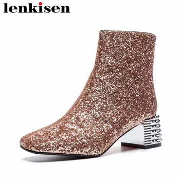 

Lenkisen famous brand bling bling shoes glitter features square toe solid thick med heels high fashion women ankle boots L51