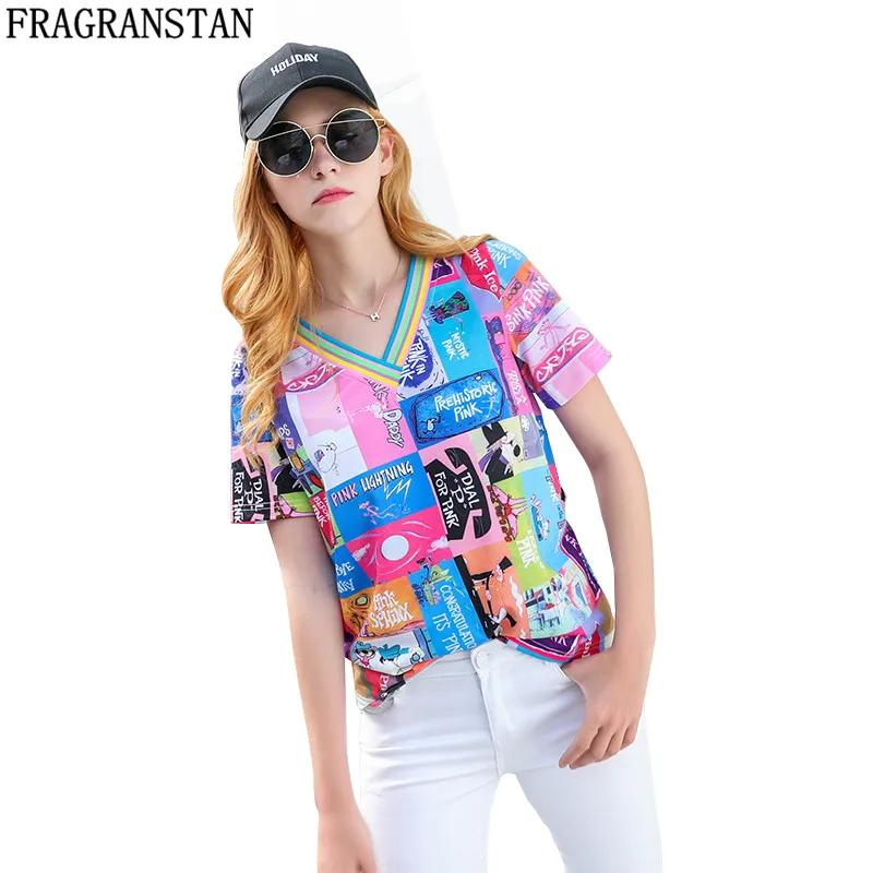 

2019 New Hot Spring Summer Female Casual Loose Letter Print V-Neck Cotton T-shirt Streetwear Personality Women Brand Tops NB66