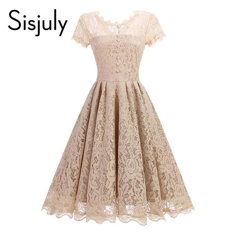 Sisjuly Vintage 1950s Dress Spring Lace A Line Women Summer Party Dress O Neck Balck Blue