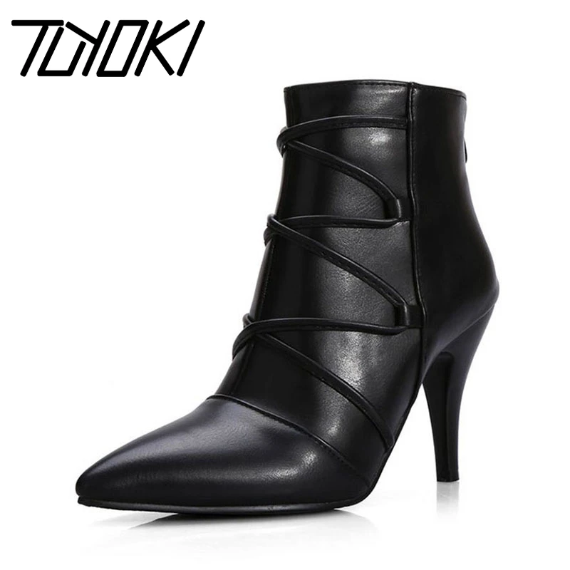 

Tuyoki Plus Size 32-44 Ankle Boots For Women Brand Sexy Cross Tied Add Fur Warm Winter Shoes Women Zipper Thin Heels Footwear