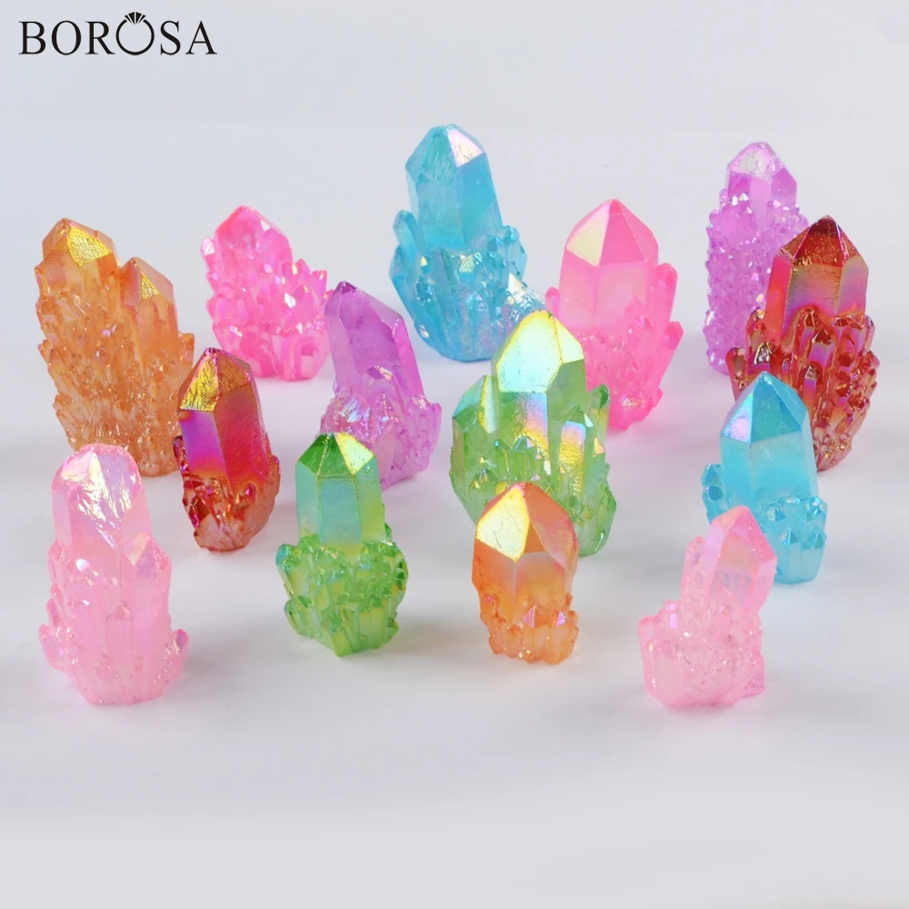 

BOROSA 5Pcs High Quality Electroplated Rainbow Aura Quartz Titanium Crystal Cluster Point Mixed Colors Jewelry Decoration LS062