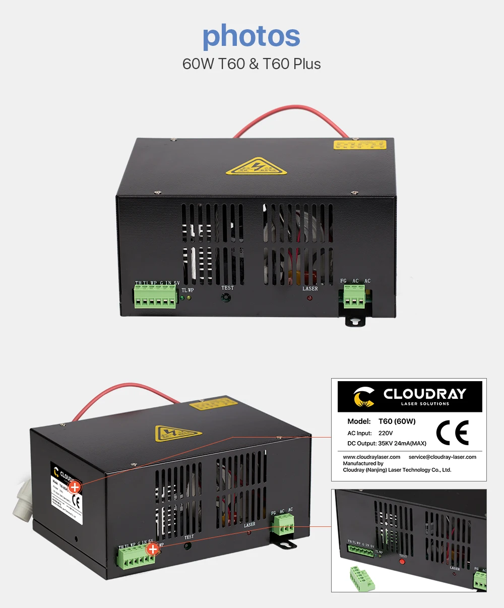 Cloudray 60 Вт CO2 лазерный блок питания для CO2 лазерная гравировка резка машина HY-T60 T/W плюс серии с длинной гарантией