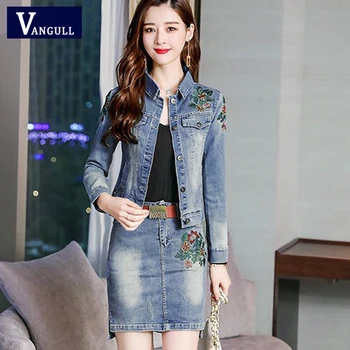 

Vangull 2019 Autumn Women Floral Embroidery Denim Jacket Skirt Suit Elegant Casual 2 Pieces Set Short Jean Coat Mini Skirts Suit