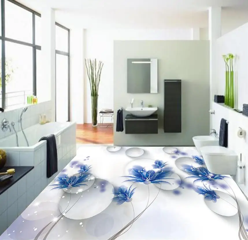

3D Floor Custom 3D Painting Floor Wallpaper PVC Adhesive Three-dimensional Round Blue Flower Modern Custom 3D Floor Mural