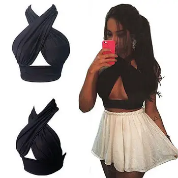 

Women Cross Over Crop Top Sexy Nightclub Halter Neck Cut Out Sleeveless Shorts Black Blouses Clubwear