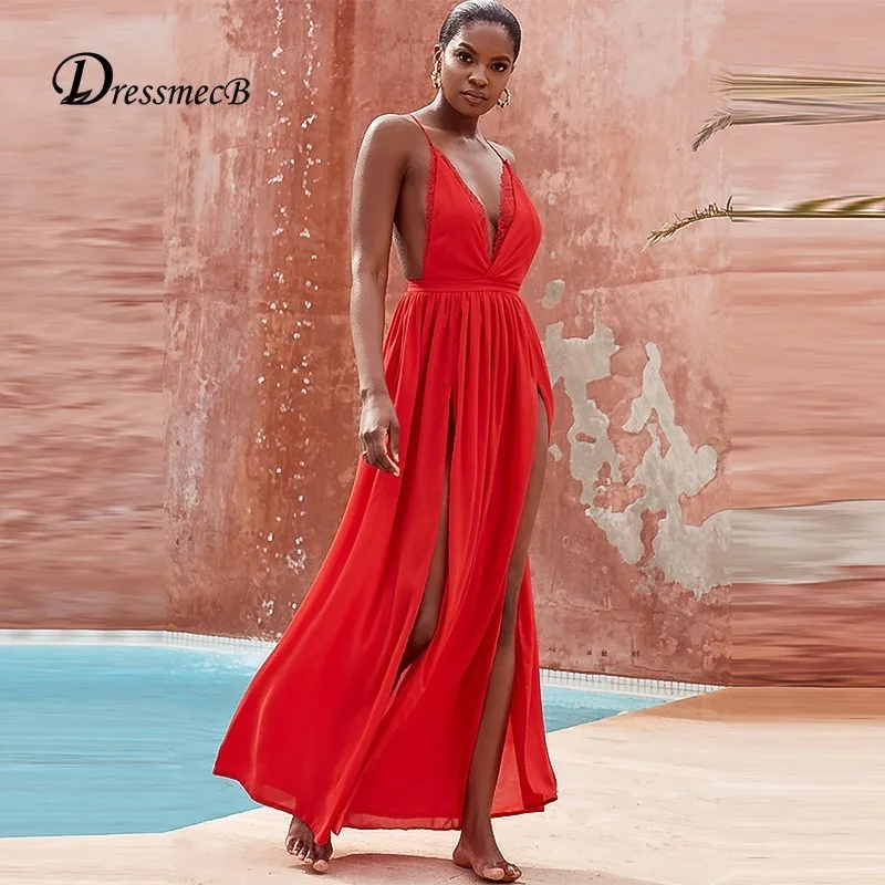 

DRESSMECB Red Color Sexy Backless Dress Women Elegant Long Split Summer Dress Lady Deep V Neck High Waist Party Vestidos Verano