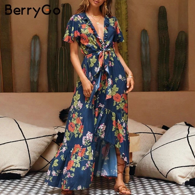 BerryGo сексуальные женские платья Асимметричные Длинные Платья с цветочным принтом размера плюс v-образный вырез летнее элегантное праздничное платье