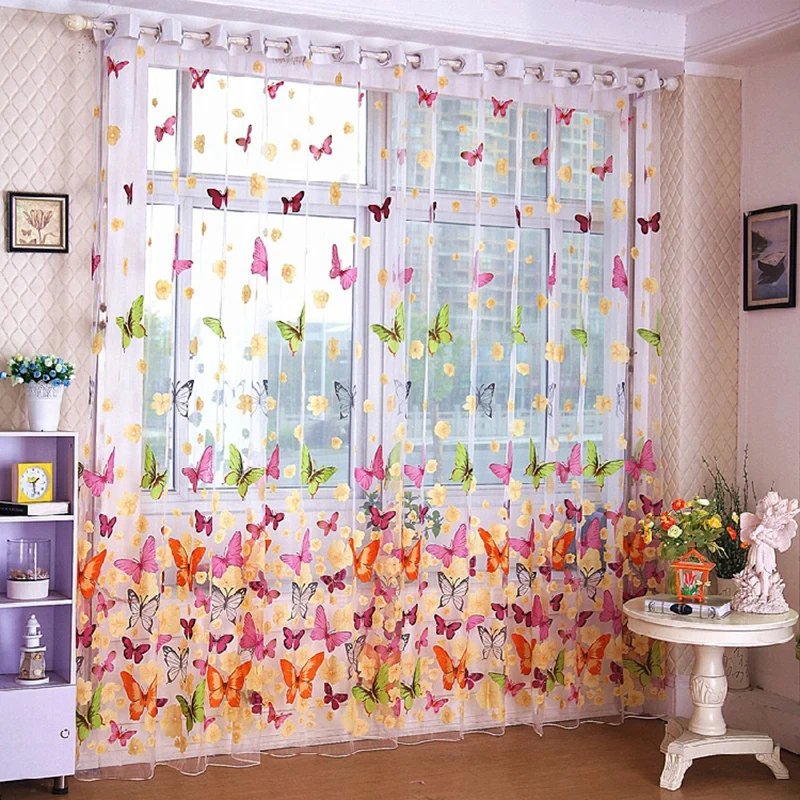 

Cheap Butterfly Curtain Window Tulle Voile Sheer Panel Butterfly Curtain for kitchen living room stoffen Eaves 3D
